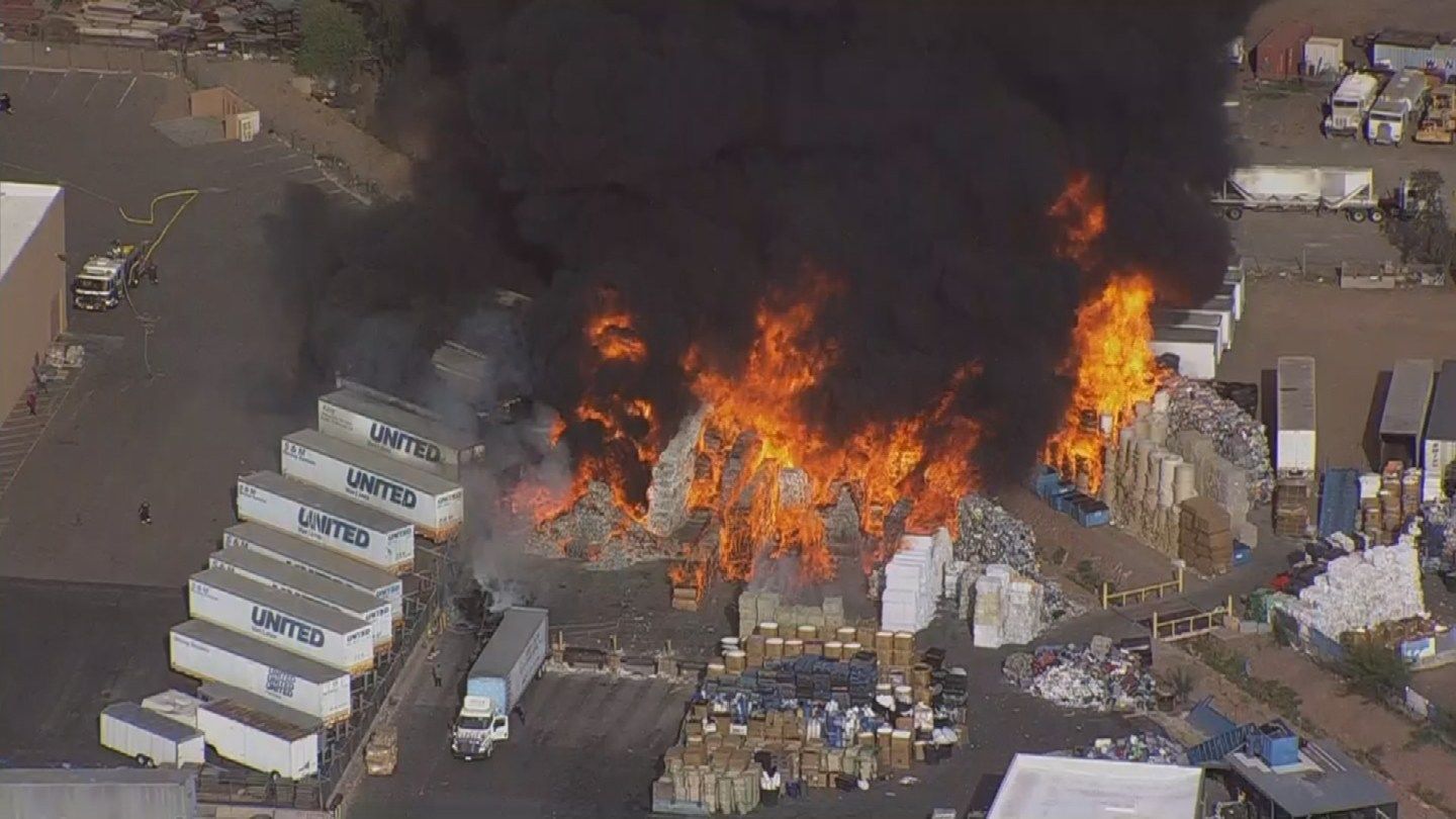 Massive fire burning at recycling plant near airport 3TV