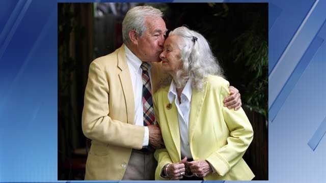 FILE - In this June 21, 2006, file photo, actors Jack Larson, left, and Noel Neil, who originated the roles of Jimmy Olson and Lois Lane in the 1950s "Superman" television series, pose at Patrick's Roadhouse in the Pacific Palisades area of Los Angeles. (